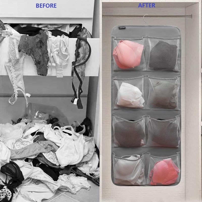 ANZORG Dual-Sided Hanging Closet Organizer for Socks Underwear Bra Kids Storage Organizer for Baby Clothes Toddler Shoes with 26 Pockets (Grey-Mesh Pockets) - Image 4